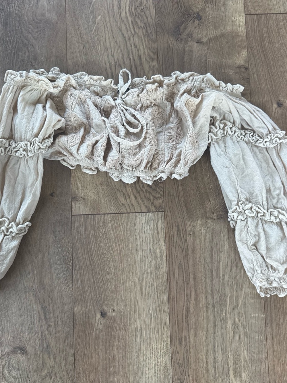 Off-Shoulder Cotton Boho Crop Top in Light Beige